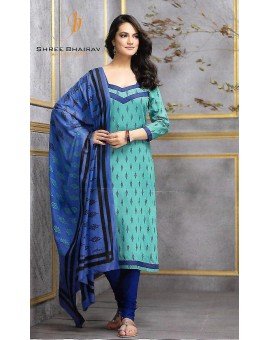 Salwar Suit- Pure Cotton with Self Print - Sky Blue and Black  (Un Stitched)